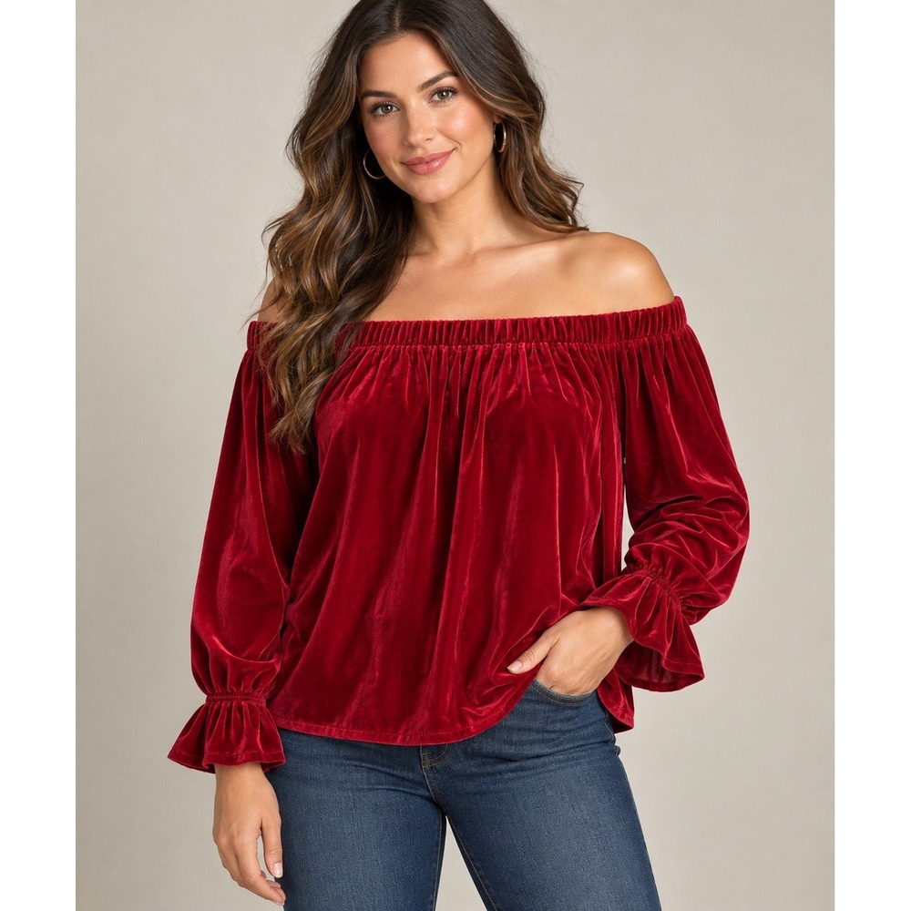 Gibson Latimer Velvet Blouse XL Red Off Shoulder Peasant Top Ruffle Sleeve